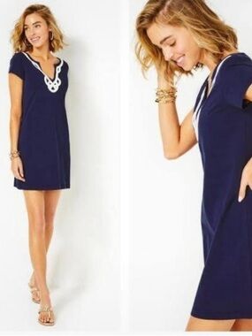 LILLY PULITZER Brewster Navy Blue White Mini Dress Nautical Coastal M Classic